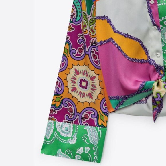 2/30 Zara Satin Paisley Patchwork Blouse Colorful Long Tie Bell Sleeves Large M - Picture 14 of 16